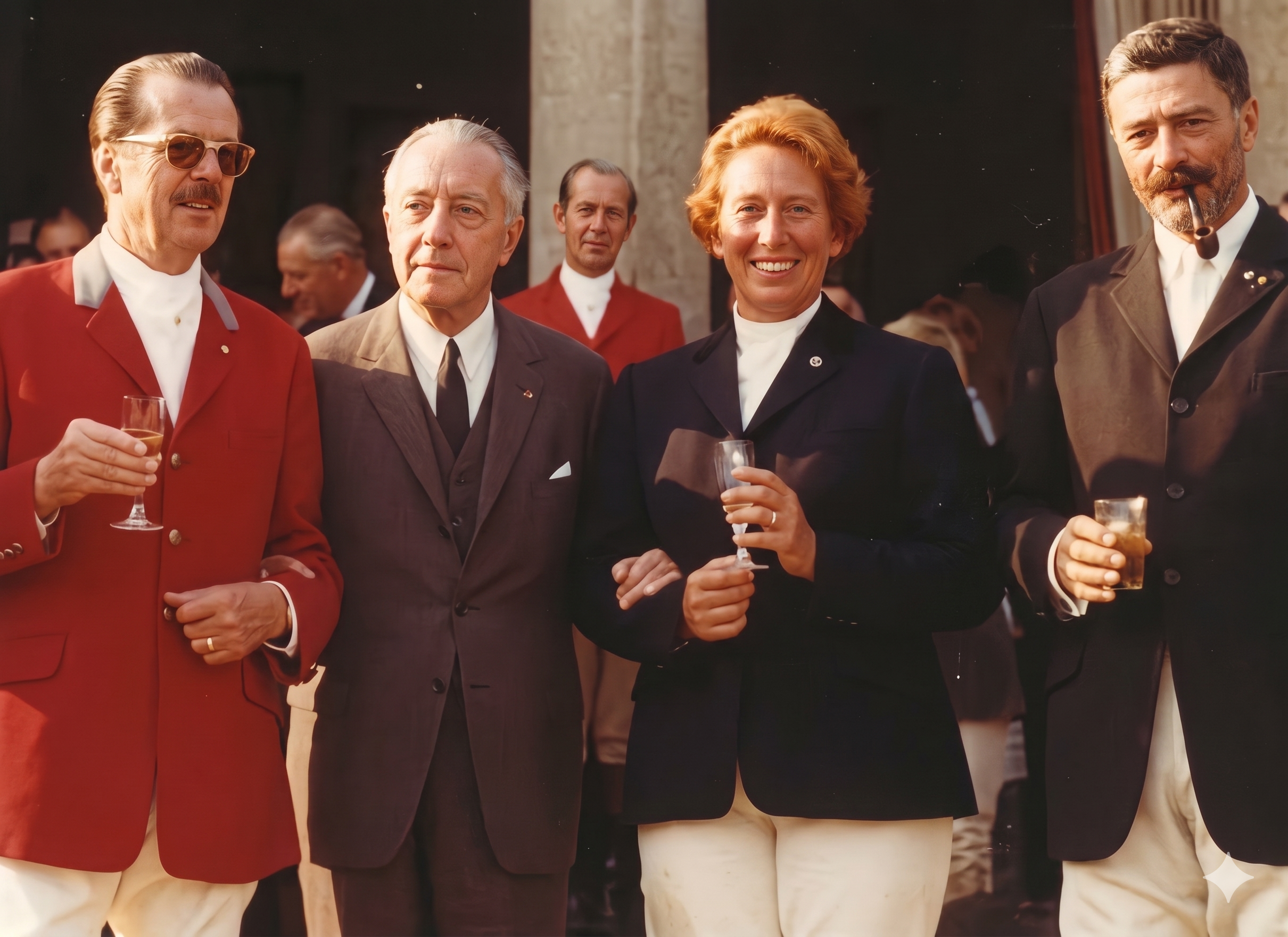 Historische Aufnahme mit Johannes Steinhoff, Seydoux de Clausonne, Susi Speckmann und Bandini